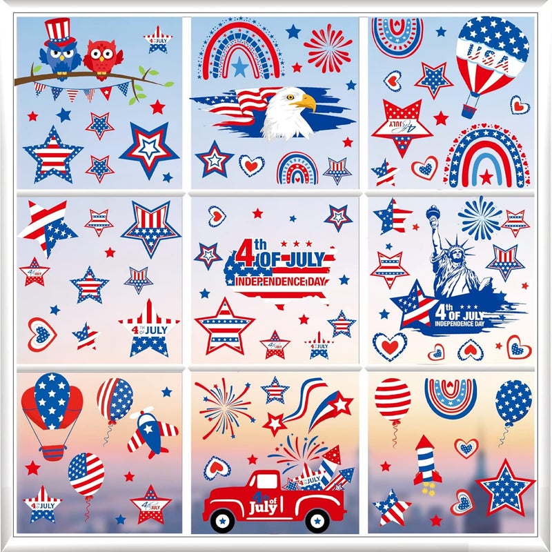 BV 101Pcs 9 Sheets 4th of July Window Clings, Memorial Day Decorations Stickers, Red White and Blue Decorations, Patriotic Independence Day Holiday Decor for Inside Outside (8x12inch) - Image 1